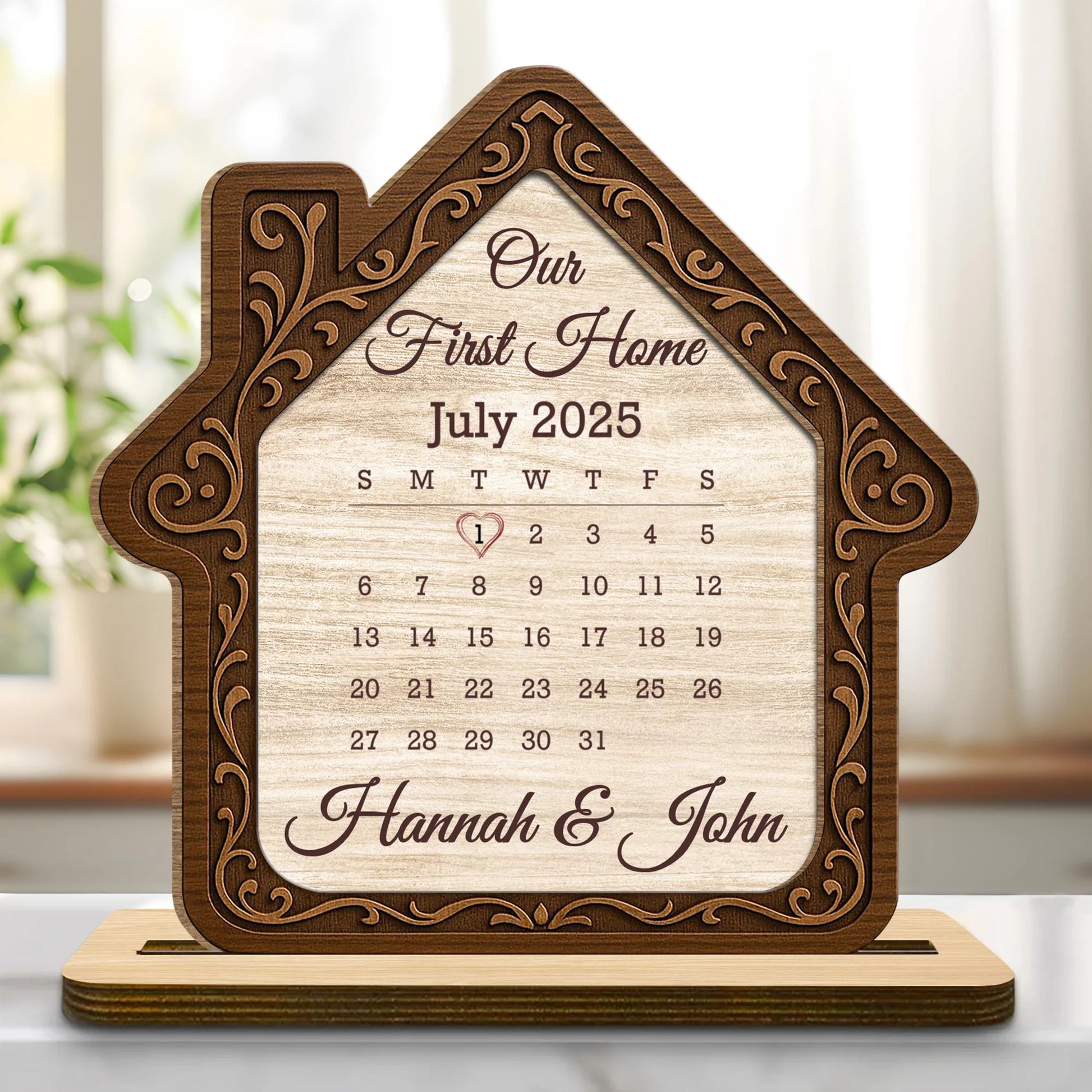Custom Our First Home Calendar Plaque for Couples with personalized design details for meaningful gifting
