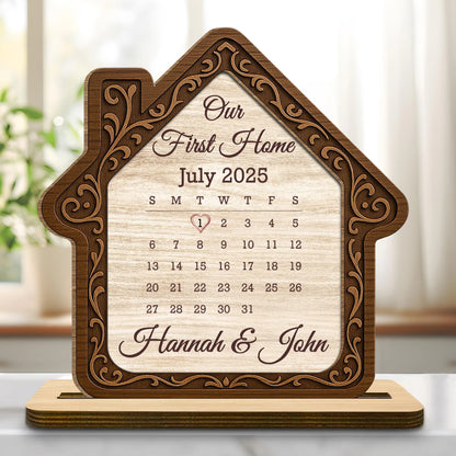 Custom Our First Home Calendar Plaque for Couples with personalized design details for meaningful gifting