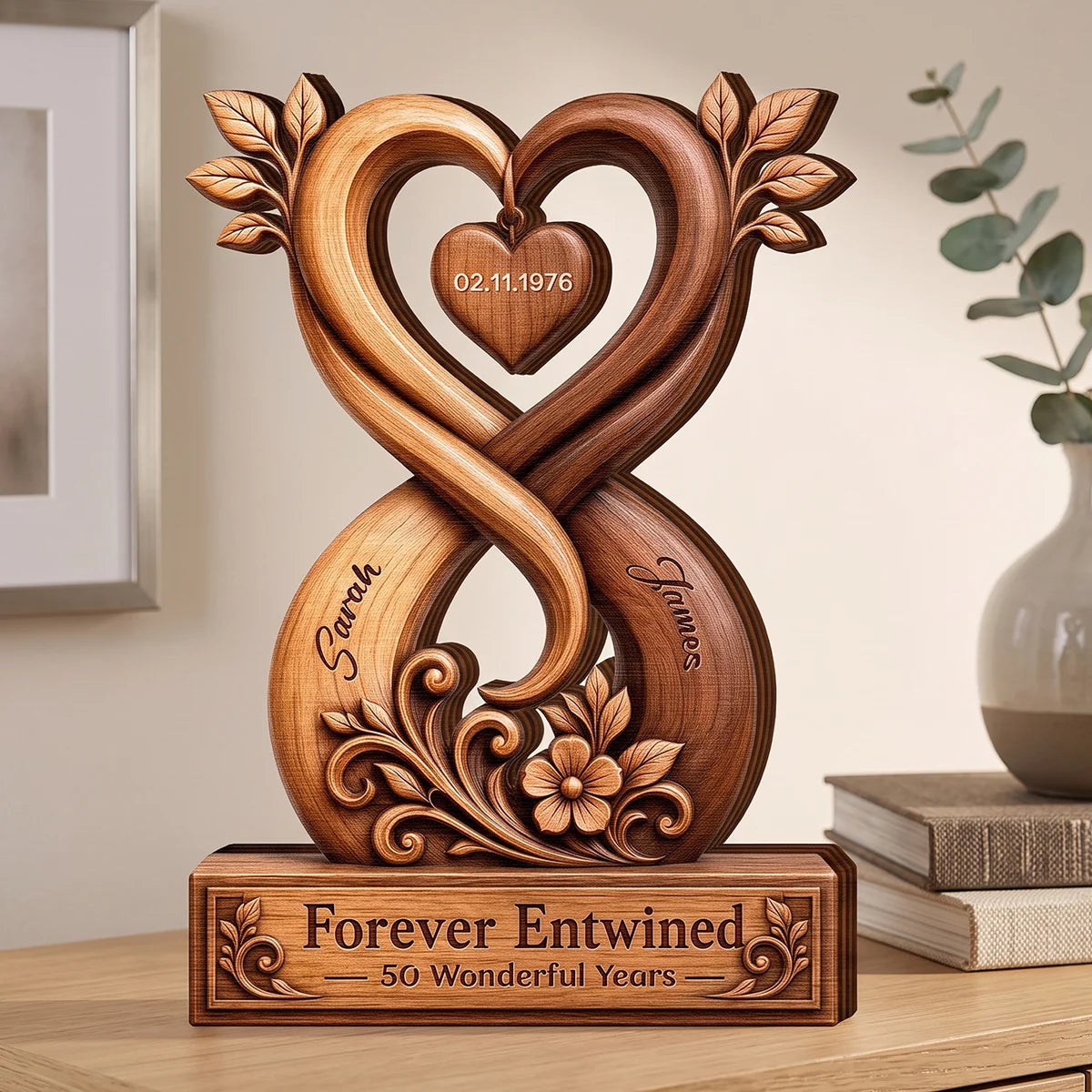 Forever Entwined Infinity Heart Personalized Wooden Block - Anniversary Keepsake for Couples