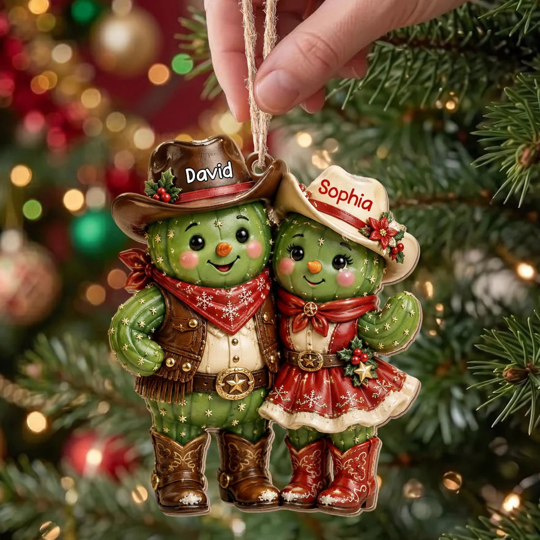Custom Cactus Couple Wooden Ornament - Personalized Western Keepsake for Couples Christmas Tree