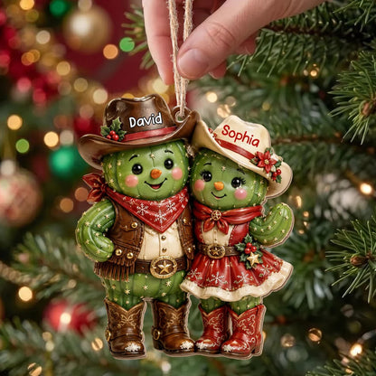 Custom Cactus Couple Wooden Ornament - Personalized Western Keepsake for Couples Christmas Tree