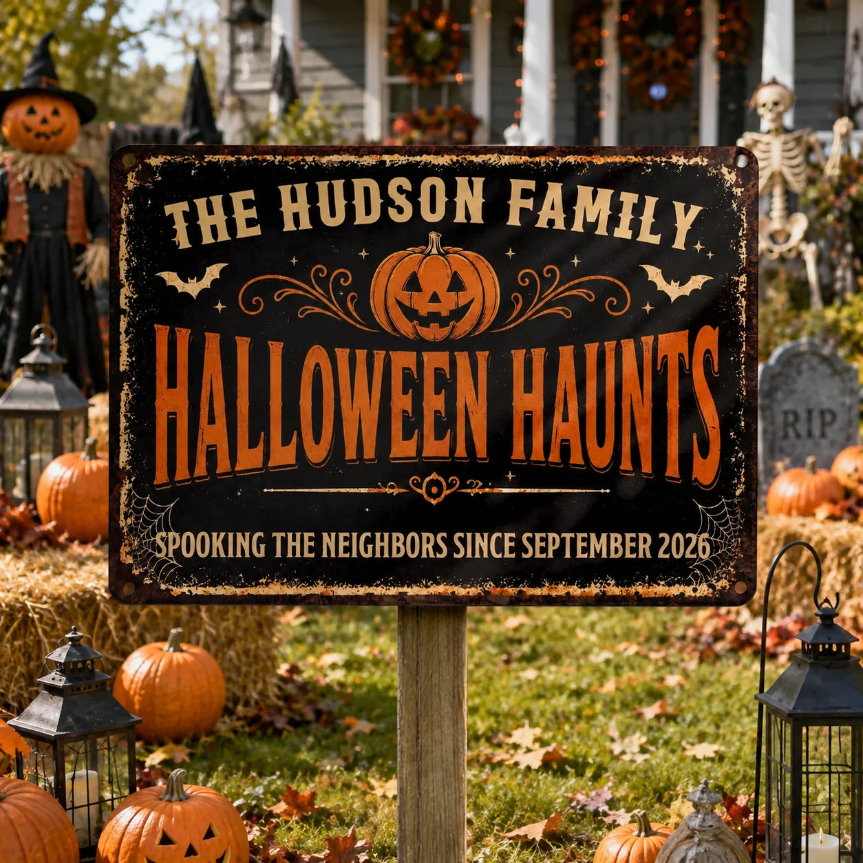 Our Family Halloween Haunts Spooking The Neighbors - Personalized Metal Sign Custom Pumpkin Wall Decor