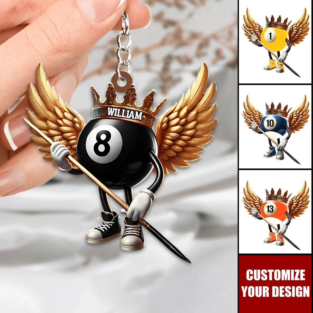 Personalized Billiard Player Keychain - Custom Pool Ball Name Gift for Pool Players