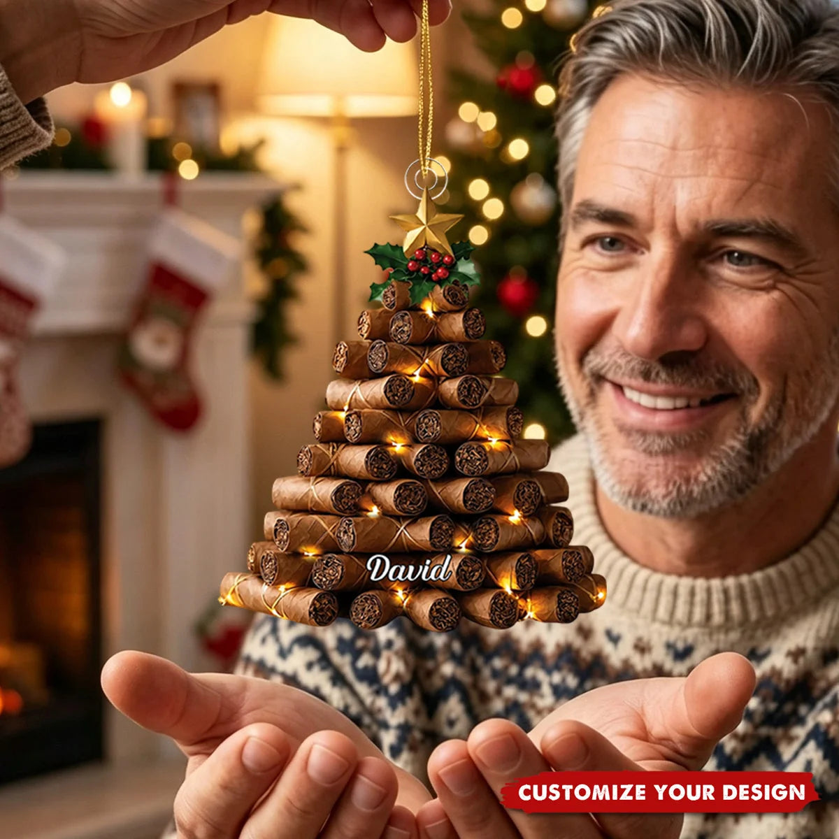 Personalized Cigar Christmas Tree Ornament - Custom Name Acrylic Keepsake Holiday Gift