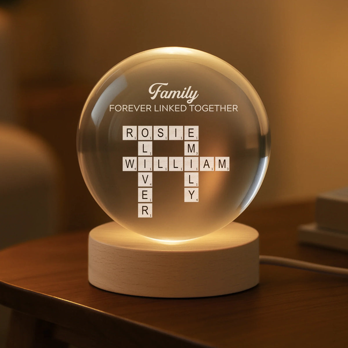 Forever Linked Together Personalized Crossword Crystal Ball Lamp - Birthday Gift for Family, Mom