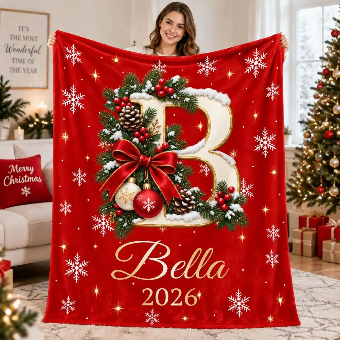 Custom Name Initial Letter Blanket Personalized Blanket - Christmas Keepsake for Family