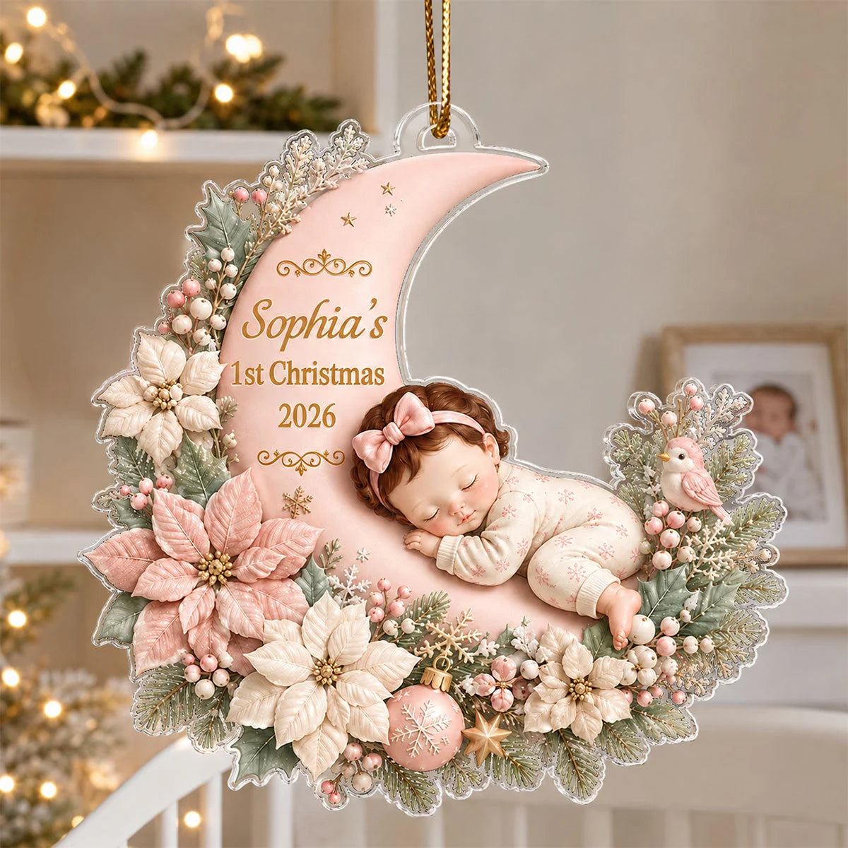 Baby's 1st Christmas Sleeping on Floral Moon - Personalized Acrylic Ornament Gift