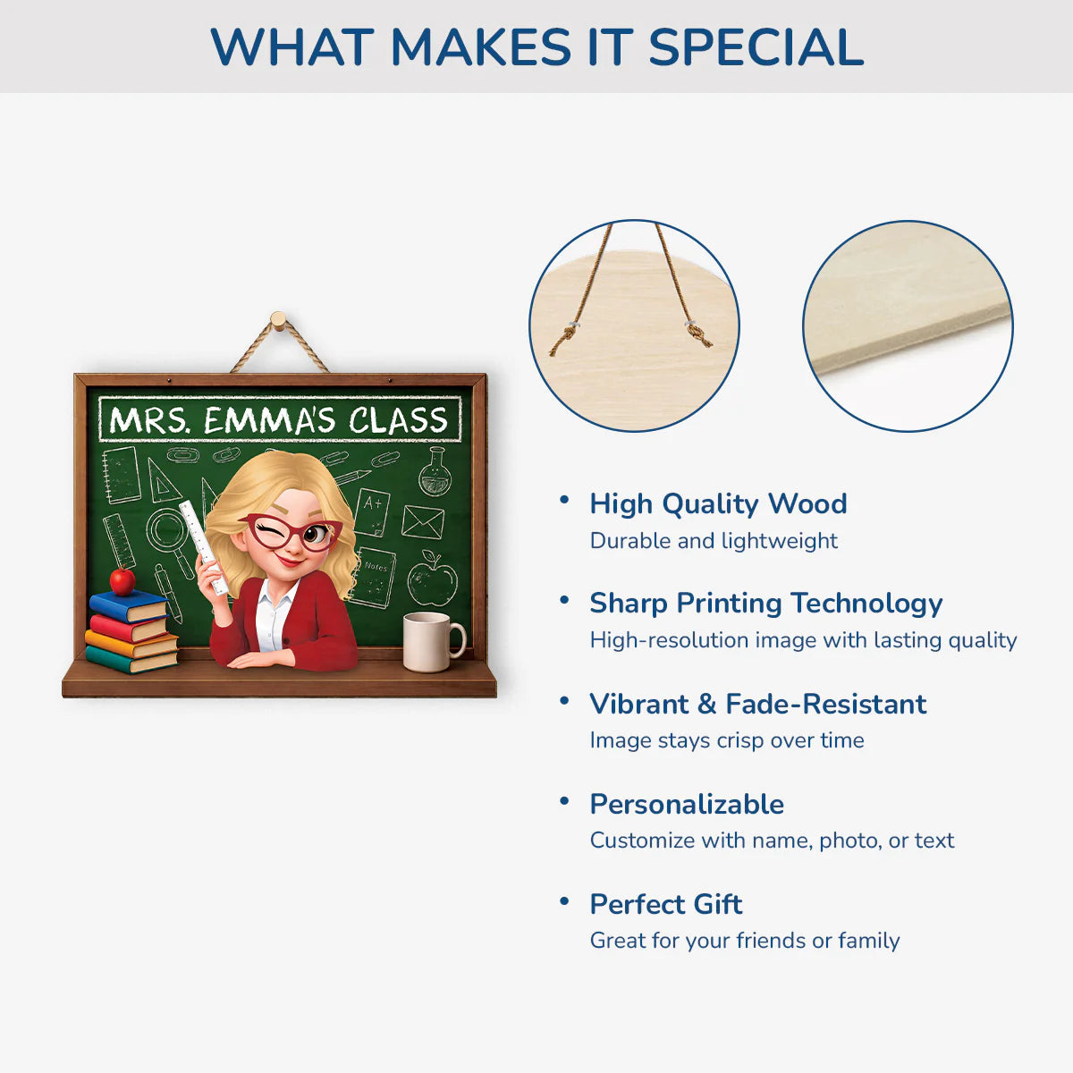 Wood Sign material and size view - Personalized Teacher Wood Sign