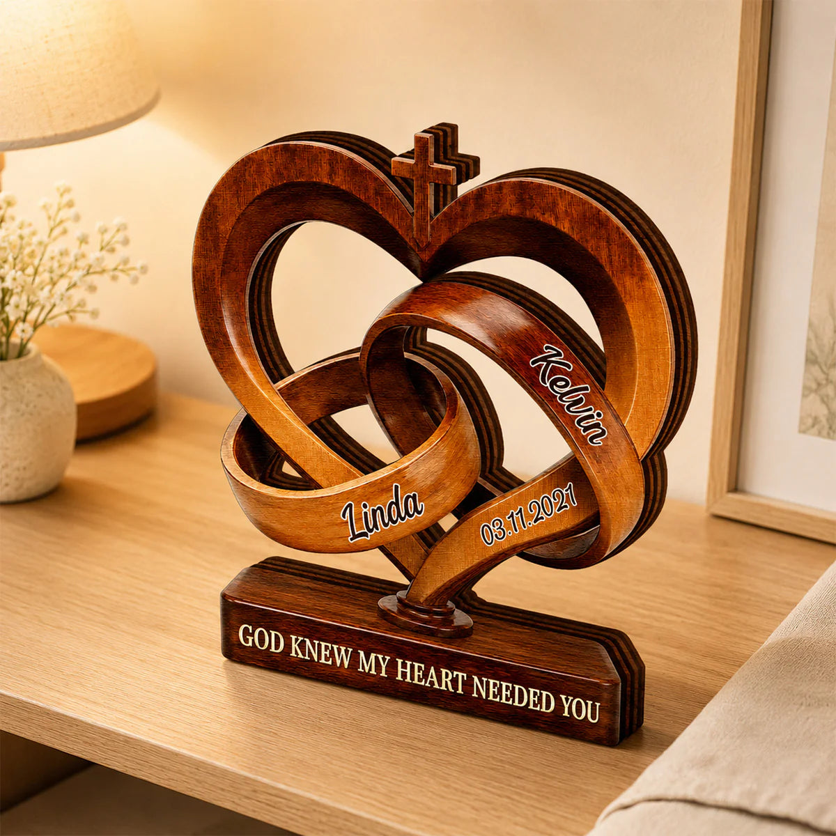 Custom Couples Interlocking Hearts Wooden Plaque for Wife with personalized design details for meaningful gifting image 6