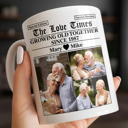 "The Love Times Growing Old Together" Personalized Photo Mug - Romantic Anniversary Gift for Couples