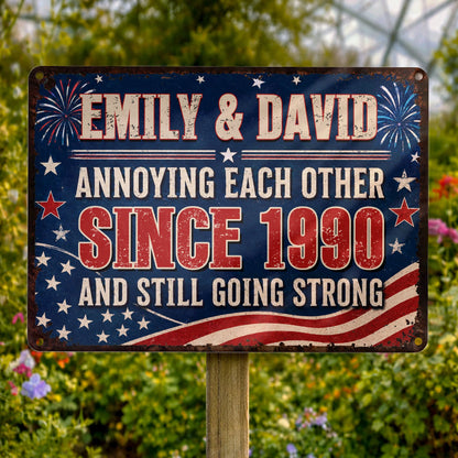 Custom annoying each other since personalized metal sign featuring an American flag background and custom names image 7