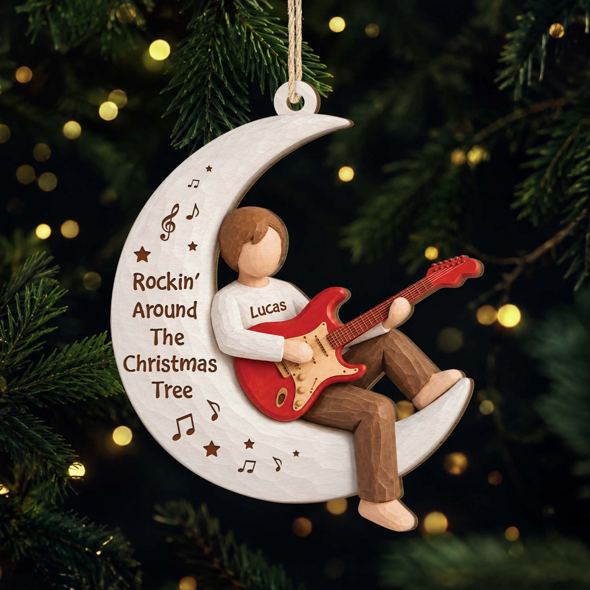 Rockin' Around The Christmas Tree Personalized Wooden Ornament - Custom Gift for Guitar Lovers
