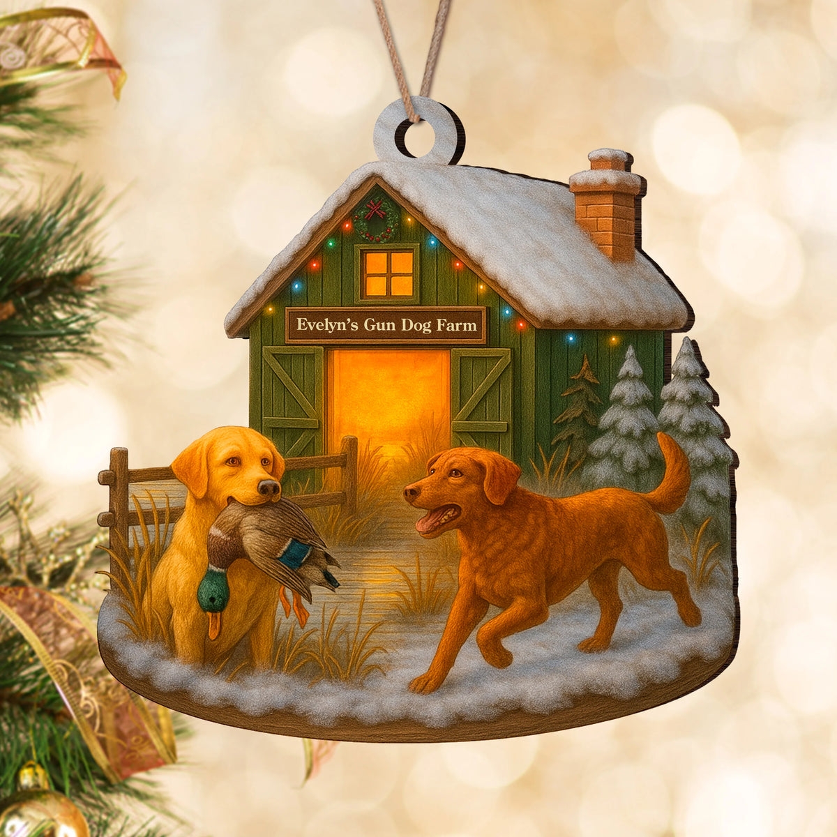 Personalized Duck Hunting Dog Wood Ornament - Custom Farm Name Christmas Gift