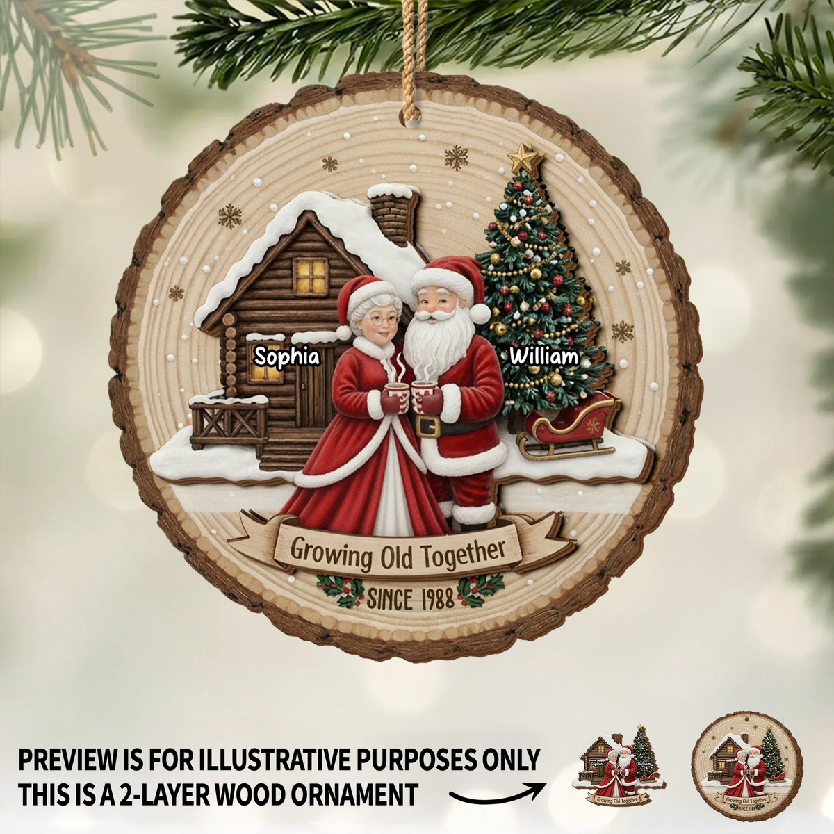 Growing Old Together Personalized Christmas Ornament - Custom Wooden Couple Keepsake Gift
