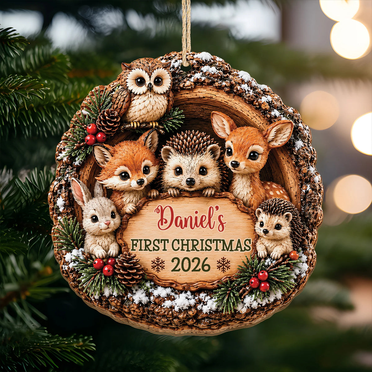 Baby’s First Christmas Custom Name Wooden Ornament - Personalized Woodland Animals Keepsake Gift for Baby