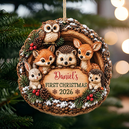 Baby’s First Christmas Custom Name Wooden Ornament - Personalized Woodland Animals Keepsake Gift for Baby