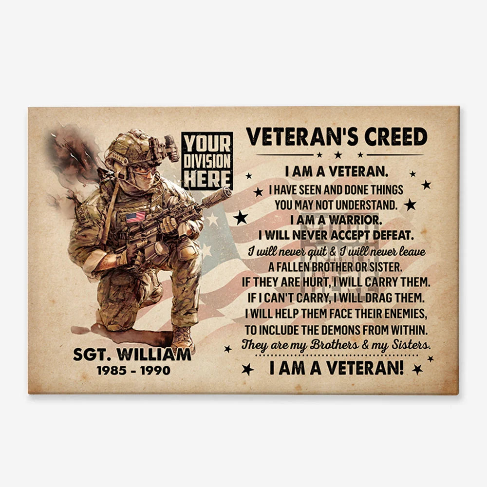 "I Am A Veteran" Personalized Veteran's Creed Canvas / Poster - Custom Veteran Gift for US Military