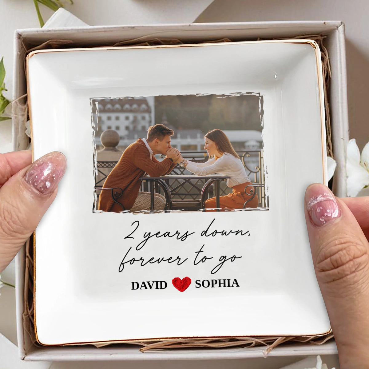 Two Years Down Forever To Go Custom Photo Ring Dish - Personalized Ceramic Couple Jewelry Tray