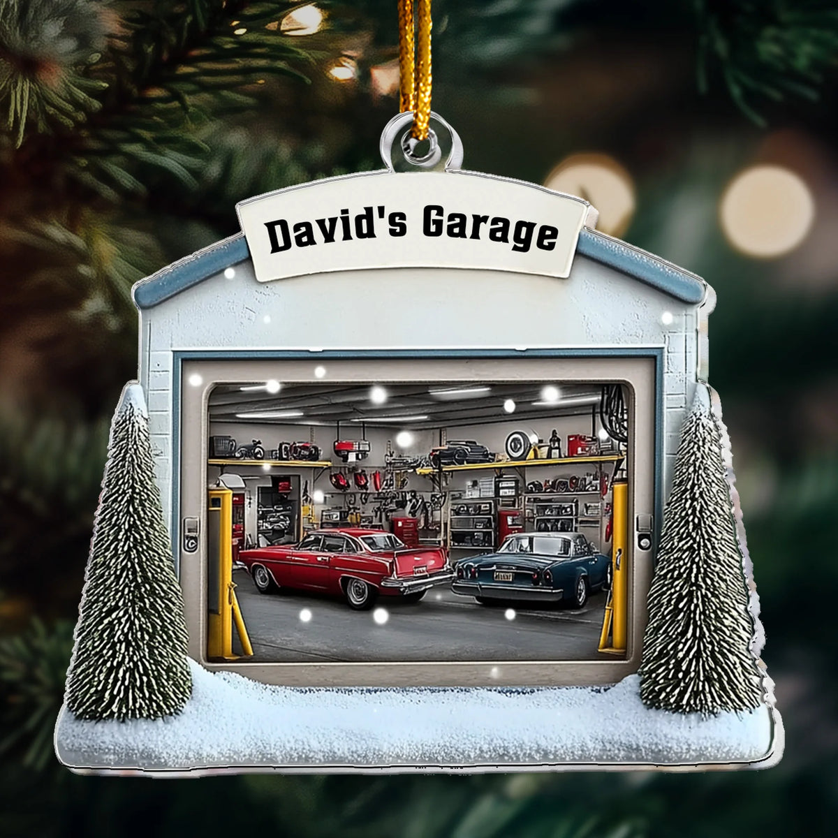 Custom Name Car Garage Acrylic Christmas Tree Ornament – Keepsake Gift for Auto Mechanic