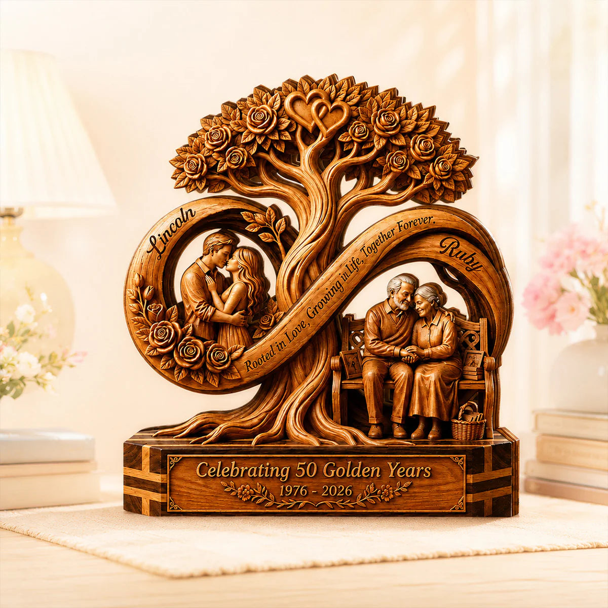 Personalized 50th anniversary gift custom 3-layered wooden plaque with a couple and tree design