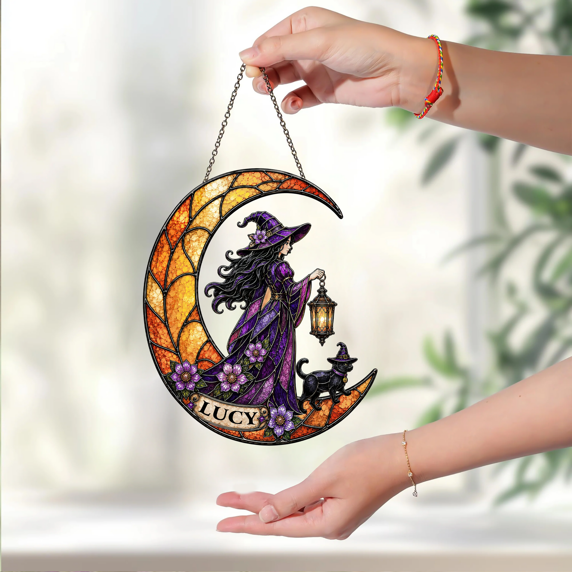 Personalized Witch and Black Cat Suncatcher Ornament - Custom Halloween Keepsake Decor