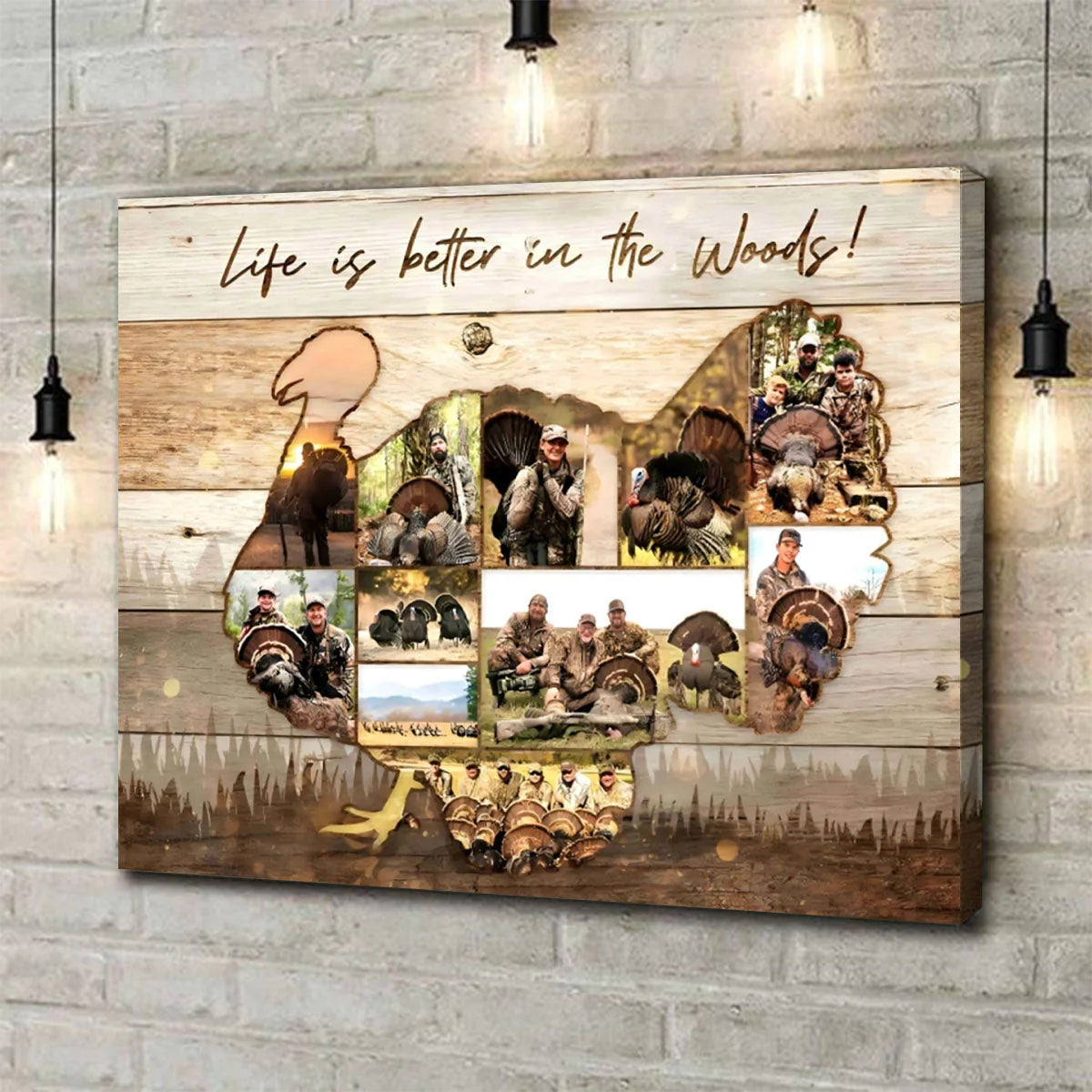Custom turkey photo collage canvas print with Life is better in the woods quote, ideal gift for hunters and outdoor lovers