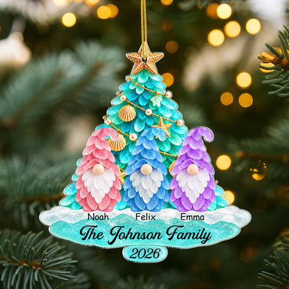 Personalized Coastal Gnome Family Acrylic Ornament - Custom Sea Glass Christmas Tree Gift