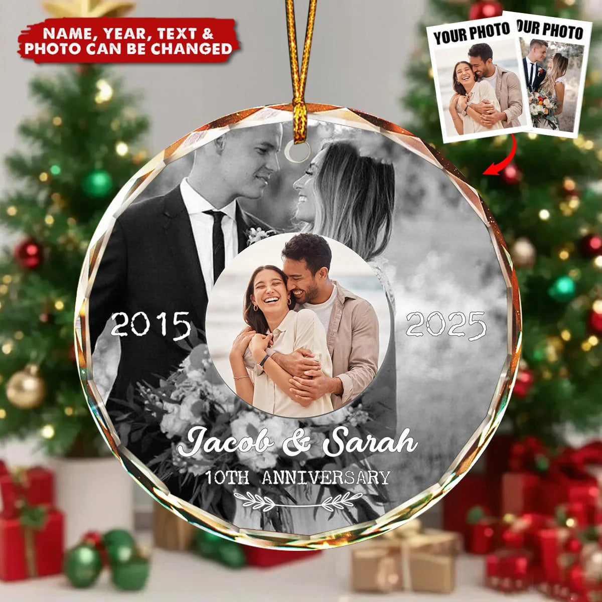Custom Photo Wedding Anniversary Glass Ornament - Personalized Gift for Parents & Grandparents