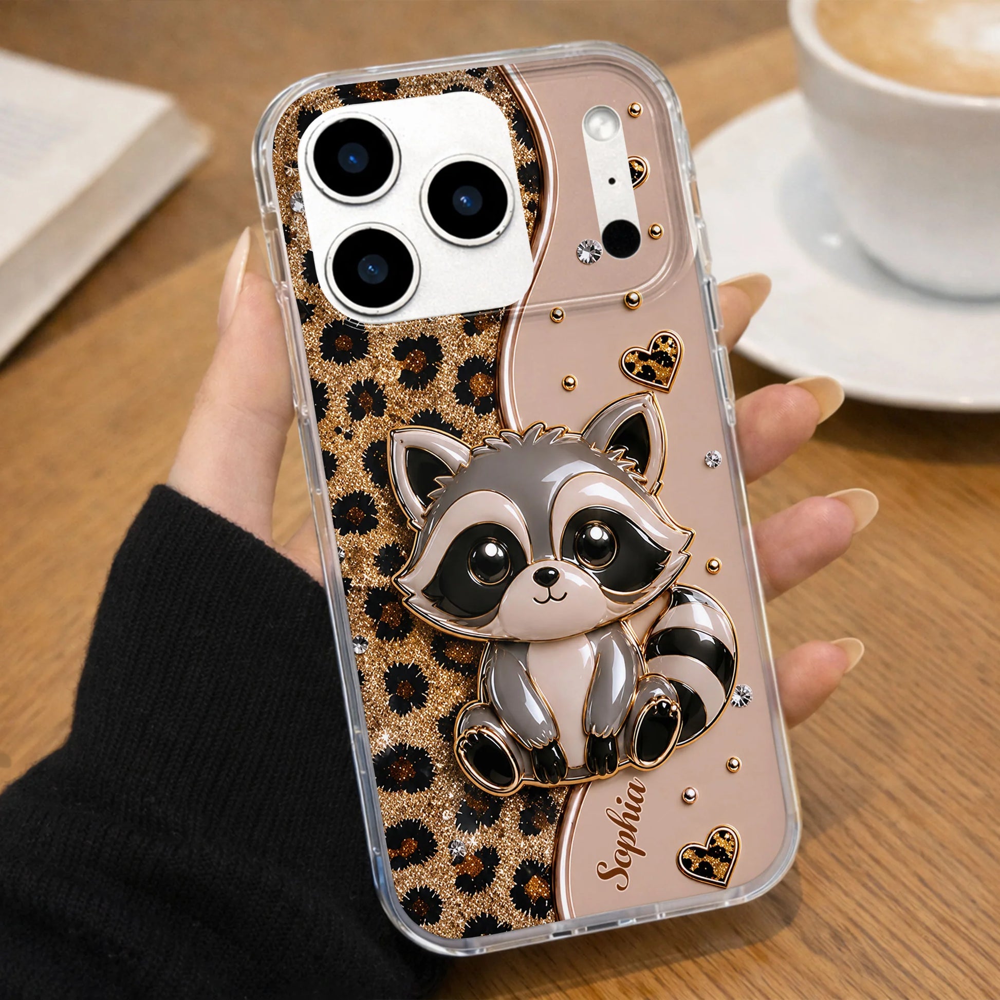 Personalized clear phone case featuring cute raccoon and 3D glitter leopard print custom gift for women image 9