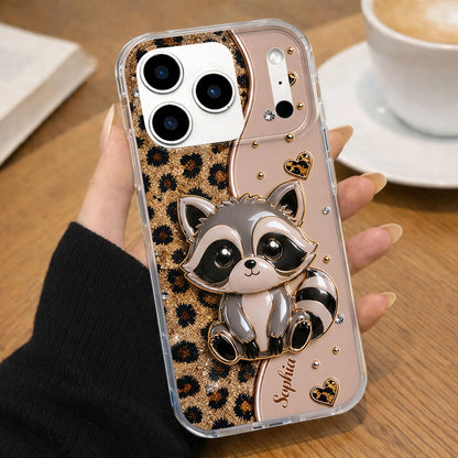 Personalized clear phone case featuring cute raccoon and 3D glitter leopard print custom gift for women image 9