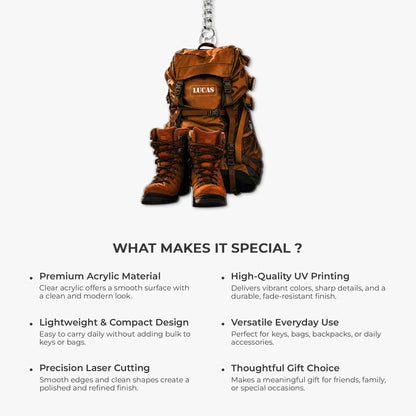 Custom Hiking Backpack & Boots Acrylic Keychain - Personalized Gift for Outdoor Lovers