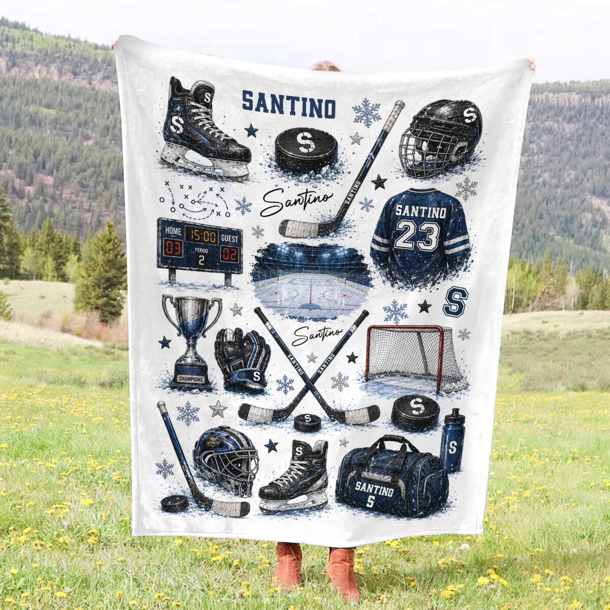 Personalized Hockey Baby Blanket with Name - Custom Ice Hockey Throw Blanket for Boys Nursery Decor & Toddler Gift
