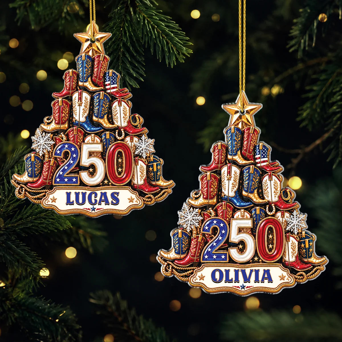 250th Anniversary Cowboy Boots Personalized Acrylic Ornament - Patriotic Christmas Keepsake for Families