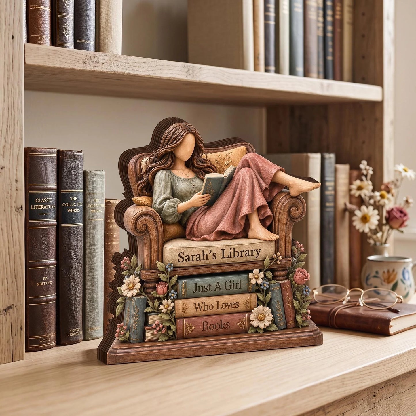 Just A Girl Who Loves Books Personalized Wooden Block - Custom Desk Decor Gift for Readers