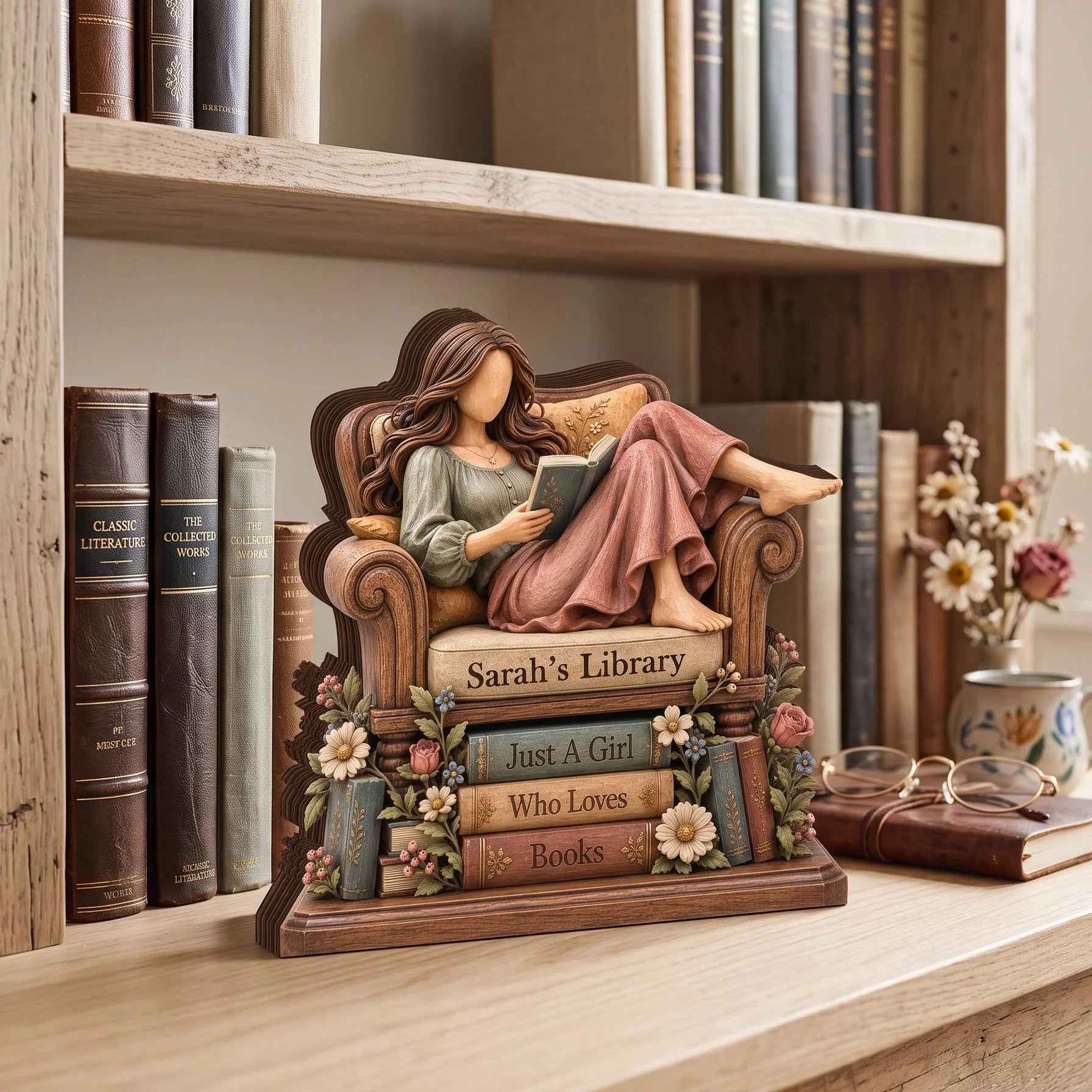 Just A Girl Who Loves Books Personalized Wooden Block - Custom Desk Decor Gift for Readers