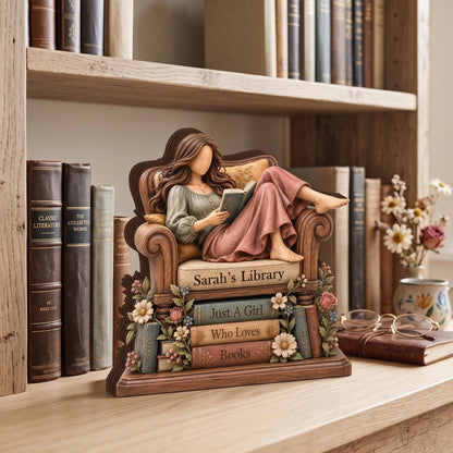 Just A Girl Who Loves Books Personalized Wooden Block - Custom Desk Decor Gift for Readers