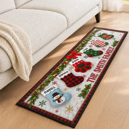 Personalized Christmas Stockings Runner Rug - Custom Family Holiday Decor Gift for Mom and Dad