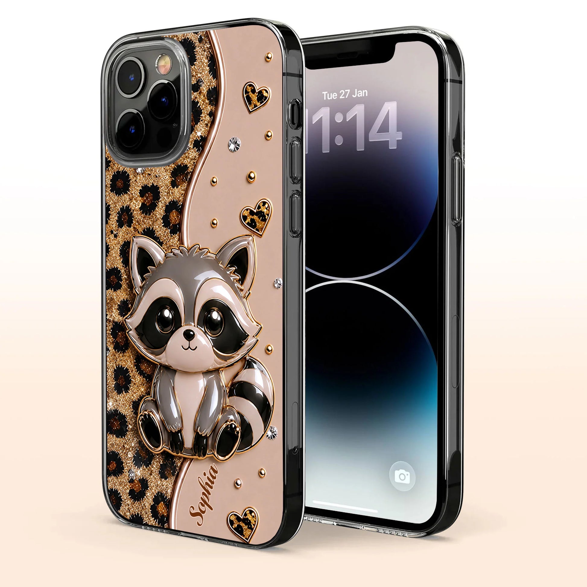 Personalized clear phone case featuring cute raccoon and 3D glitter leopard print custom gift for women image 6