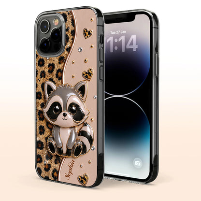 Personalized clear phone case featuring cute raccoon and 3D glitter leopard print custom gift for women image 6