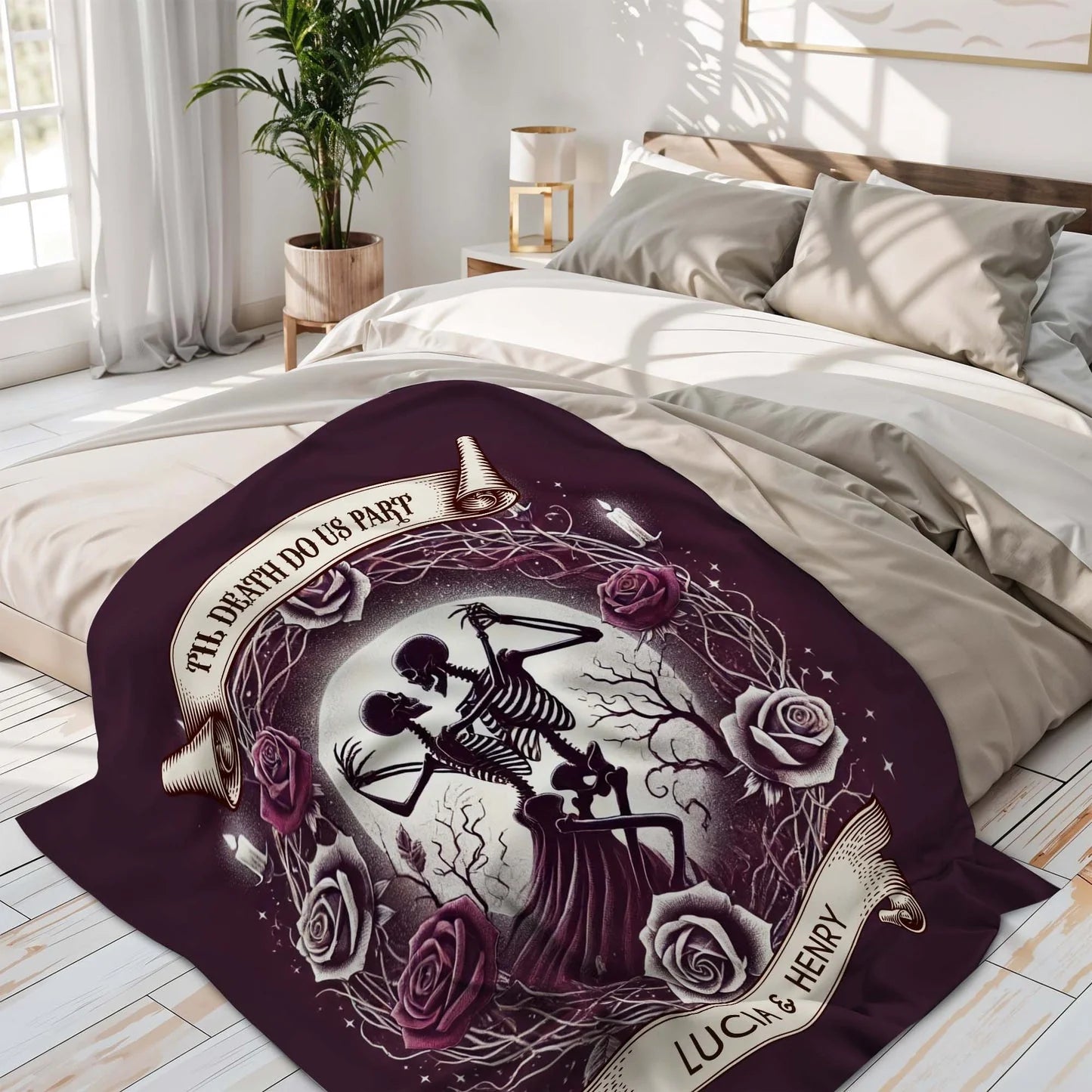 "Til Death Do Us Part" Personalized Gothic Couples Blanket - Custom Skeleton Couple Anniversary Gift for Husband & Wife