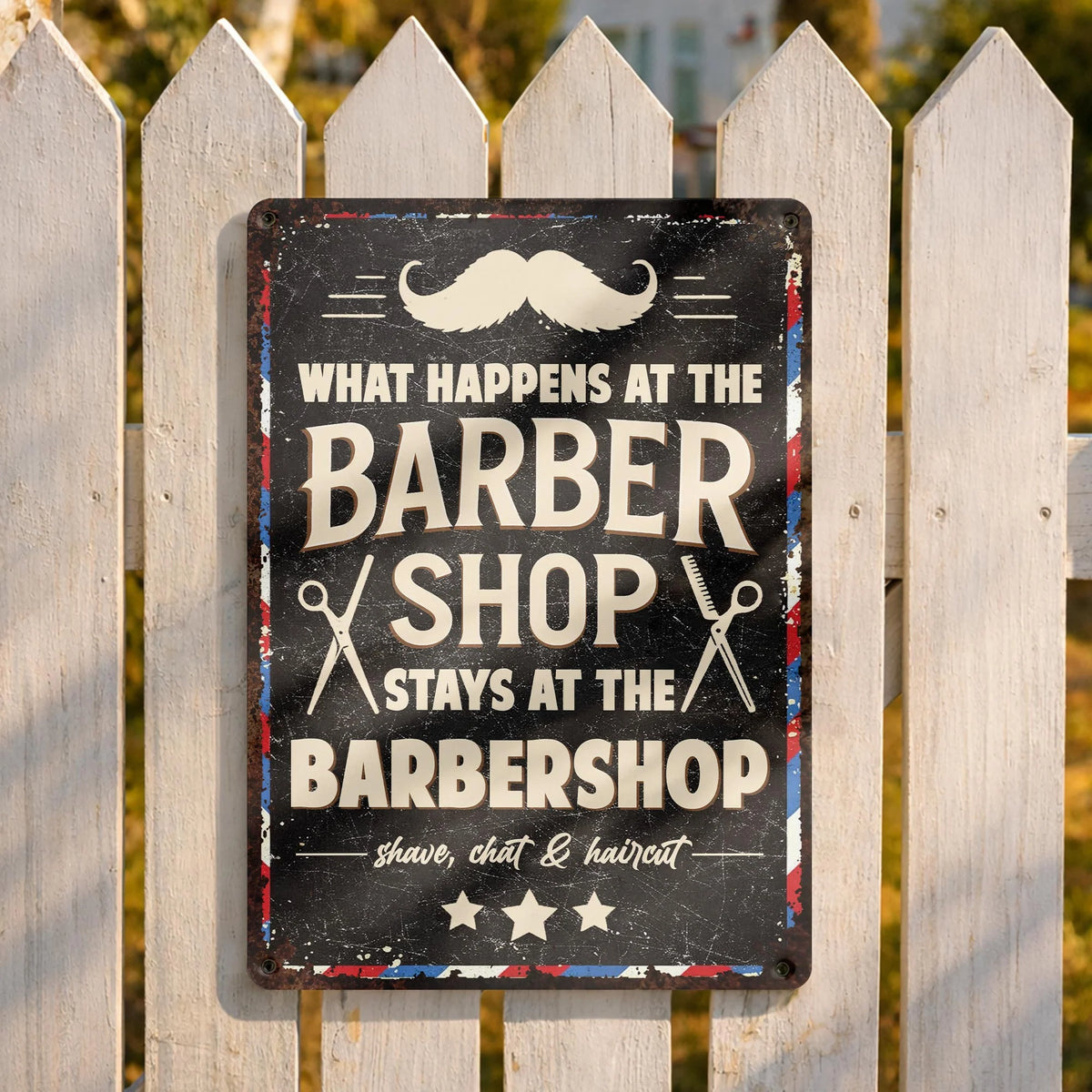 "What Happens At The Barbershop Stays At The Barbershop" Metal Sign - Personalized Barber Decor