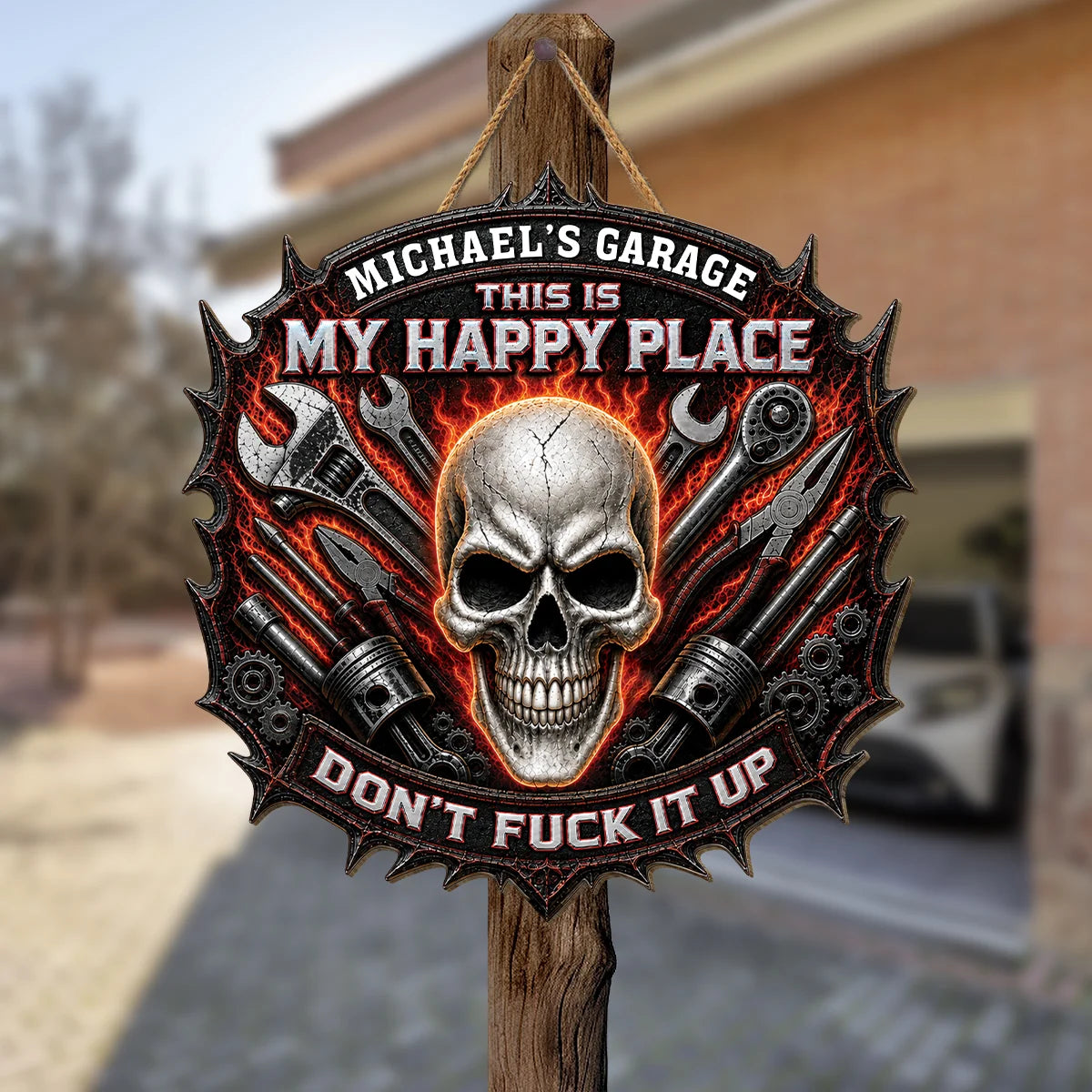 This Is My Happy Place Personalized Skull Wood Garage Sign - Custom Gift for Dad Grandpa