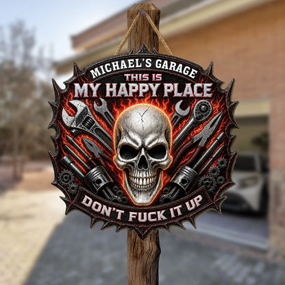This Is My Happy Place Personalized Skull Wood Garage Sign - Custom Gift for Dad Grandpa