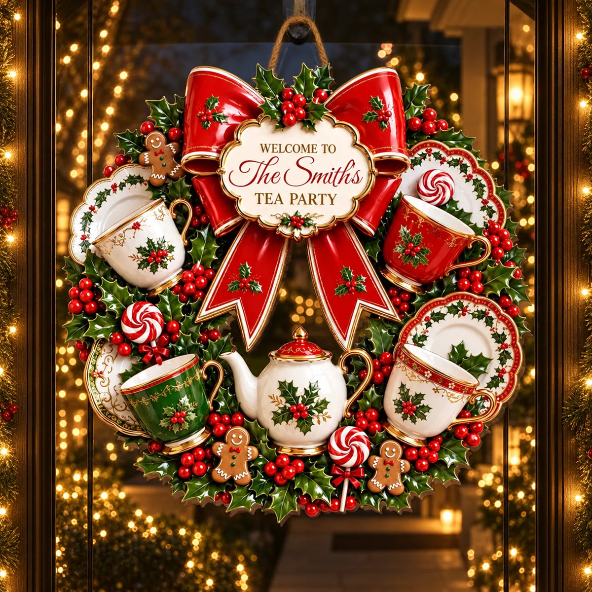 Welcome To Our Tea Party Christmas Wreath Sign - Personalized Custom Wood Hanging Decor