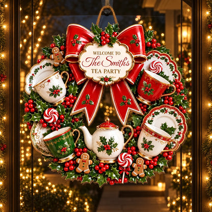 Welcome To Our Tea Party Christmas Wreath Sign - Personalized Custom Wood Hanging Decor