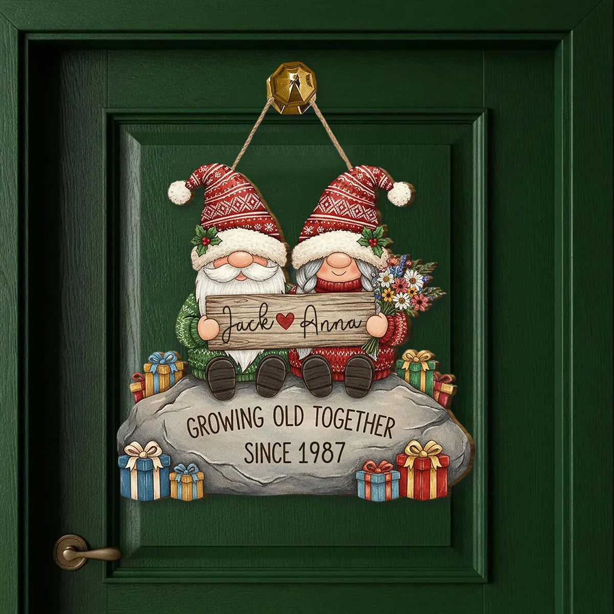 Growing Old Together Personalized Gnome Wood Sign - Custom Anniversary & Christmas Gift for Couples