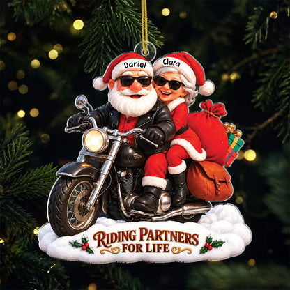 Riding Partners For Life Personalized Couple Acrylic Ornament - Biker Santa Christmas Gift