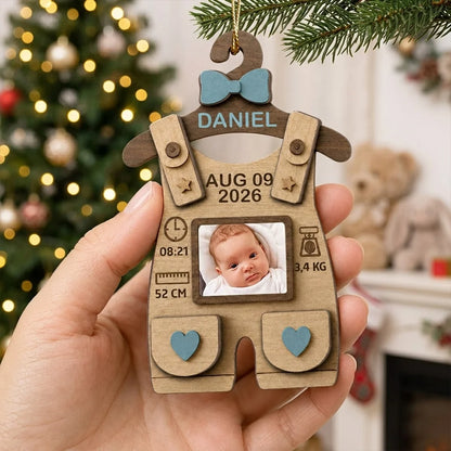 Personalized Baby First Christmas Ornament - Custom Wooden Romper Birth Stats Photo Keepsake Gift for New Parents