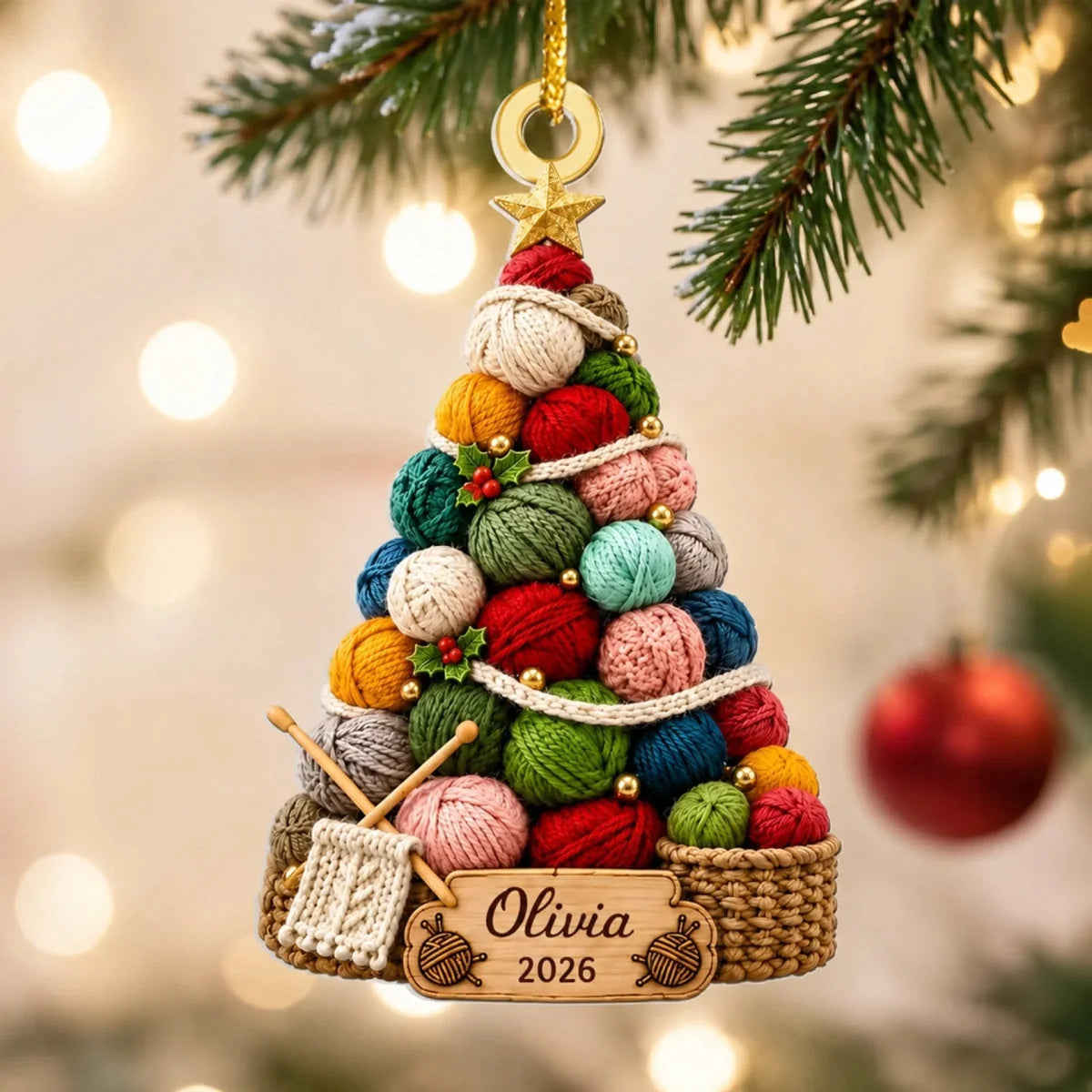 Cozy Yarn Tree Personalized Knitting Acrylic Ornament - Custom Holiday Keepsake Gift for Knitters