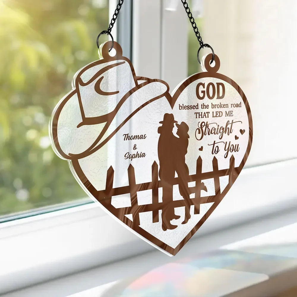 God Blessed The Broken Road Couple Suncatcher for Couples with personalized design details for meaningful gifting image 8